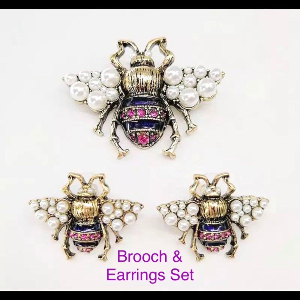 Antique Gold Fashion Bee Pink Blue Rhinestone Pearl Brooch Earrings Set Pin